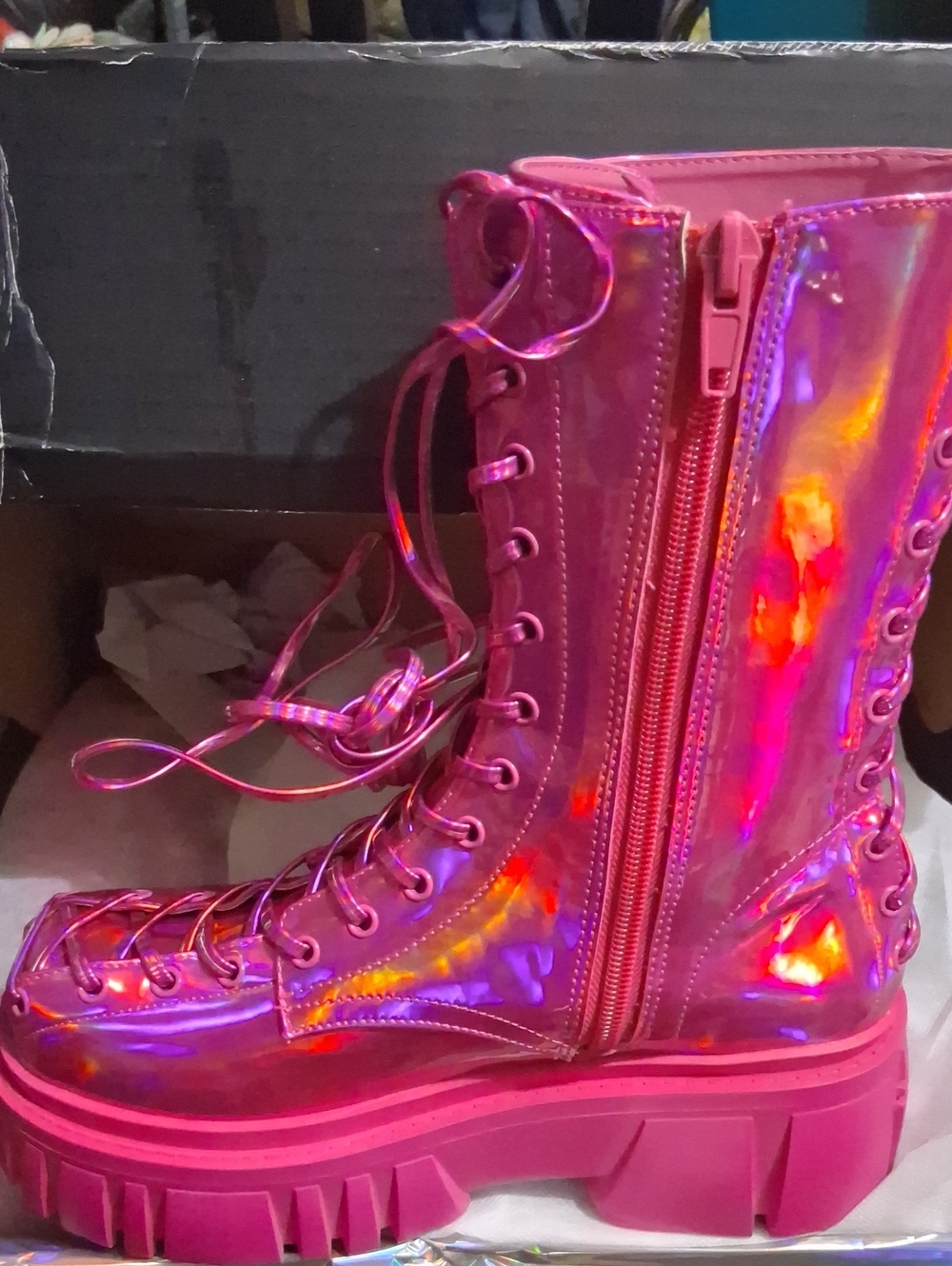 Holographic Pink Platform Combat Boots with Side Zipper